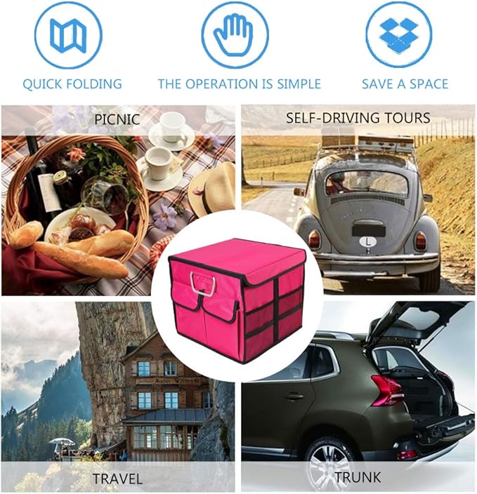 Car Trunk Organizer Collapsible Portable Multi Compartments Organizer with Non Slip Straps for SUV Truck Auto Vehicle Car Auto Minivan (Small covered, Rose red)