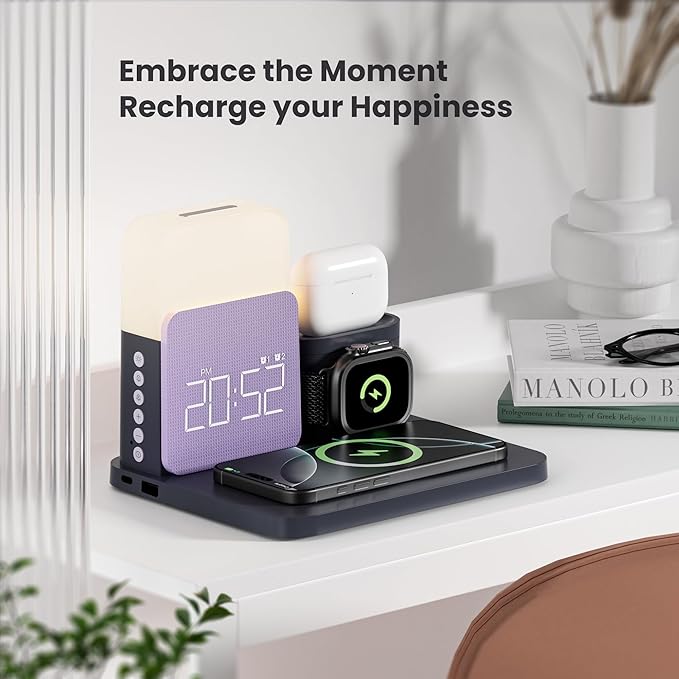Alarm Clock Charging Station for Bedrooms, 7 in 1 Wireless Charging Station, Magnetic Charger with Night Light Bedside Clock for iPhone 17 16 15 14 13 12 Pro Max, Apple Watch, AirPods (Deep Purple)
