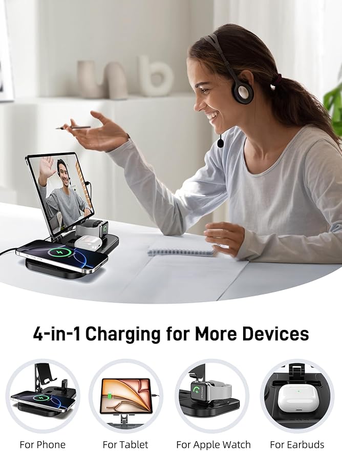 4 in 1 Wireless Charging Station with Stand for iPhone 16/15/14, Apple Watch 10/9/8, AirPods Pro 2 | Foldable Travel Charger | Nightstand Design (Black)