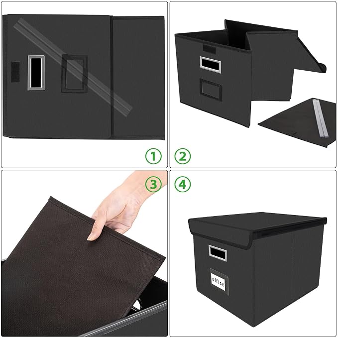File Organizer Boxes with Lids, Collapsible Faux Leather Hanging File Folder Box Organizer with Plastic Slide, Decorative Home/Office Filing System Boxes for File and Folders Storage