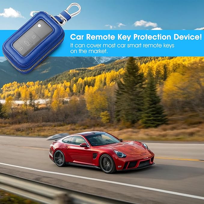 Premium Car Key Fob Case Leather Car Smart Key Fob Holder Keys Fobs Protector Universal CarKeys Holder (Blue)