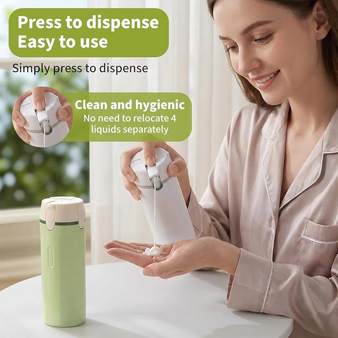 4 in 1 Travel Dispenser Bottles, 2026 New Refillable Travel Toiletries Bottle Set, Leak Proof Portable Size Containers for Shampoo Lotion Conditioner Cream (Green)