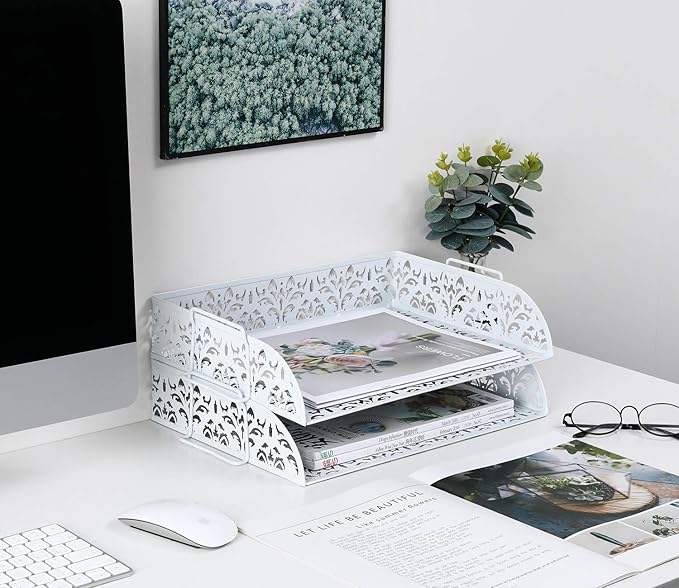 PAG 2 Tier Desktop File Organizer Metal Stackable Letter Tray Paper Holder Rack for Desk, White