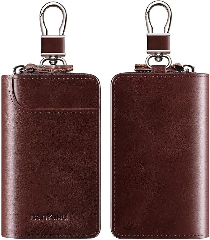 Car Key Case for Men and Women, Apricot Genuine Leather Card Holder Wallet Keys Pouch Organizer Bag with 6 Keychain Hooks, 3 Cards Slot (Apricot w/Keychain)