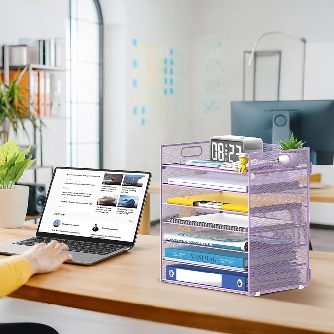 7 Tier Paper Organizer - Mesh Desktop File Holder with Handles for Office School Desk, Black (Purple)