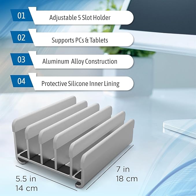 Elestoria 5- Slot Vertical Laptop Stand - Aluminum Laptop Stand Vertical for Desk - Adjustable Width (12-38mm) Fits MacBook Pro/Air, Surface & Gaming Laptops Upto 17.3 (Grey)