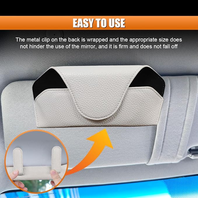 Sunglass Holder for Car Visor, Magnetic Leather Auto Sun Visor Eyeglasses Protective Storage Case with Mount Clip, Vehicle Interior Eyewear Organizer Accessory for Most Cars (White)