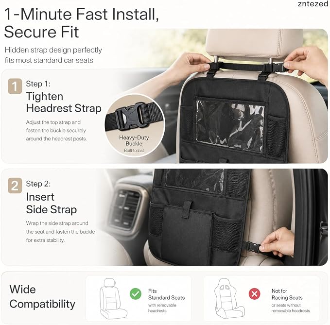 Car Backseat Organizer with 12 Storage Pockets, 12" Touch Screen Tablet Holder, Waterproof Kick Mats Seat Protector, Car Organizers and Storage for Kids, Road Trip Essentials(2 Pack,Black)