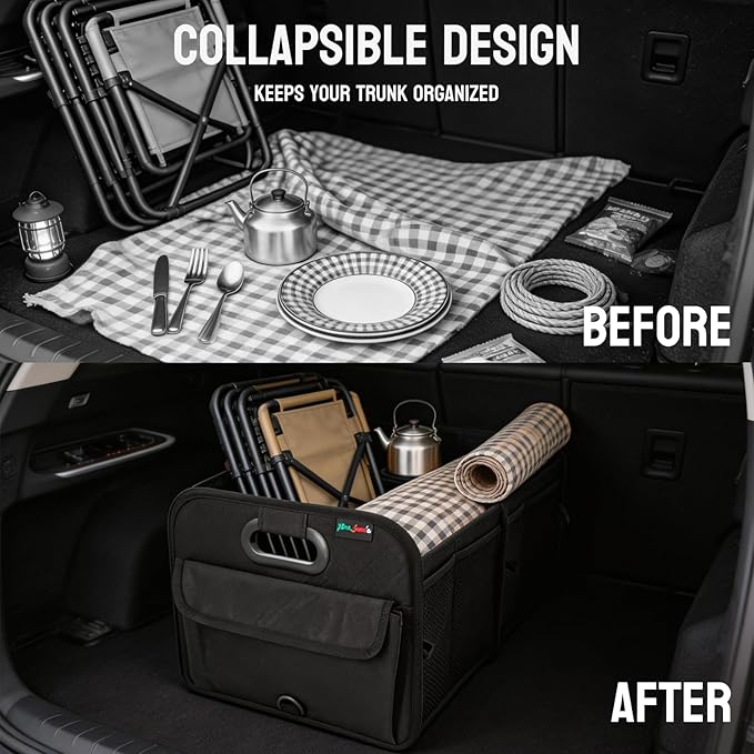 PAT SAM'S Trunk Organizer for SUV, Foldable Car Storage Organizer with Dividers, Waterproof Oxford, Collapsible Car Storage Box with Pockets for Grocery, Tools, Travel (Black)