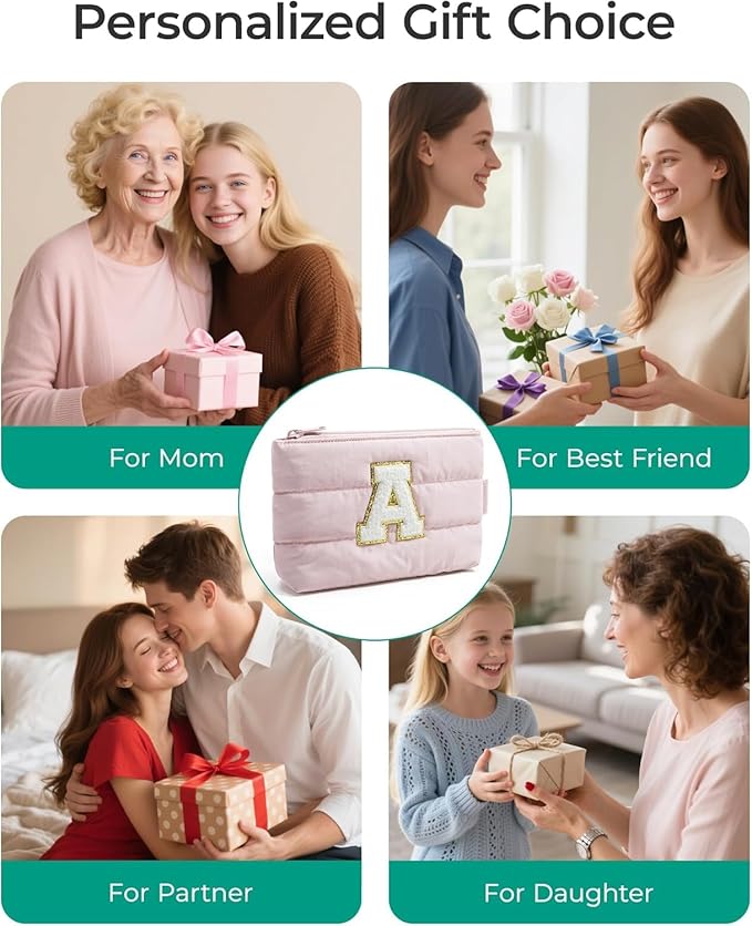 BAGSMART Personalized Makeup Bag with Initial, Pink Small Cosmetic Travel Organizer, Water-Resistant Pouch for Women & Teens for Bridesmaid Graduation (Initial-S, Small)