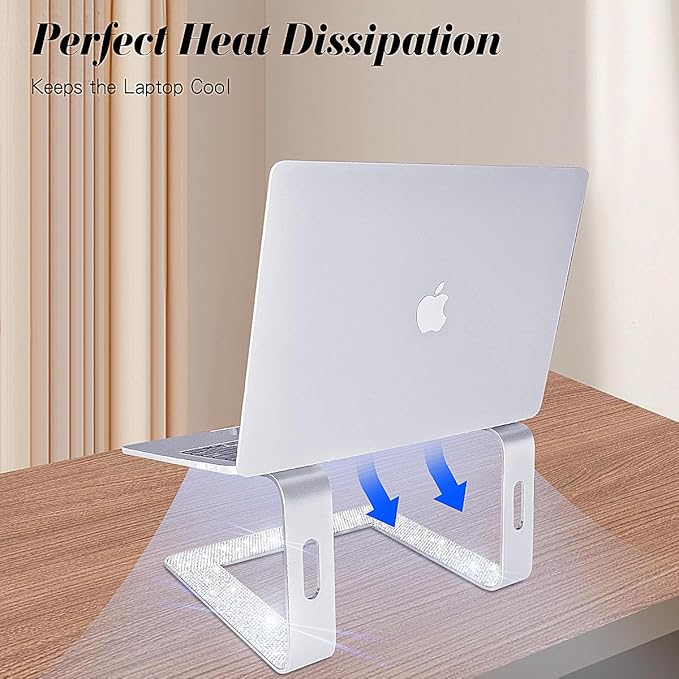 Bling Aluminum Laptop Stand,Glitter Ergonomicic Computer Stand for Desk with Sparkle Rhinestones,Detachable Notebook Riser Compatible with Air, Pro, Dell, HP, 10-15.6" Laptops (Silver)