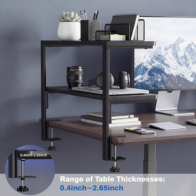2-Tier Desk Extender, 22-inch Clamp-On Desk Shelf, Height-Adjustable Desktop Shelf Organizer for Monitors Office and Gaming Accessories, Arm Support Table Extension, Black