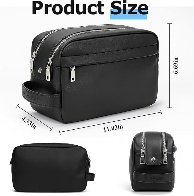 MIRASON Toiletry Bag for Men Leather Travel Toiletry Bag Dopp Kit with Metal Zippers, Water-Resistant Bathroom Bag for Travel Essentials Shaving Bag Gifts for Men, Black