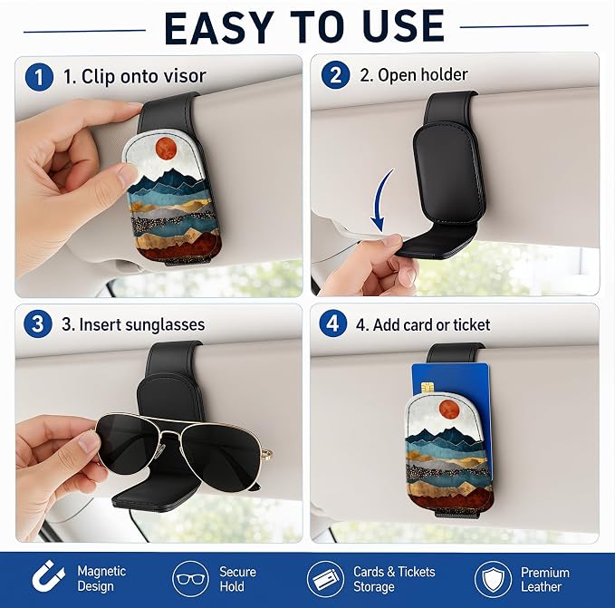Leather Magnetic Sunglass Holder for Car Sun Visor, Cute Eyeglass Ticket Card Hanger Clip, Universal Auto Interior Accessories for SUV Pickup Truck, Sunset Mountain