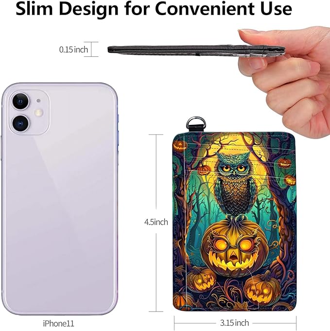 Slim RFID Blocking Card Holder Wallet with Wrist Strap - Minimalist Front Pocket Wallet, Halloween Owl Design, PU Leathe, for Men & Women, Ideal for Travel & Gifts