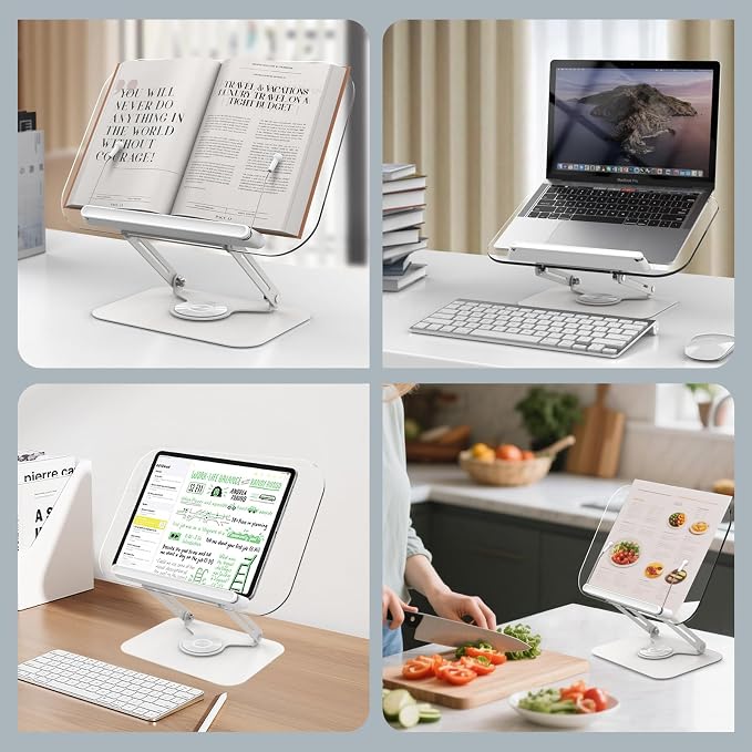 Acrylic Book Stand for Reading Hands Free - Adjustable 360° Rotating Cookbook Holder with Elastic Page Clips & Foldable Base, Multi-Angle Desktop Display Stand for Recipes, Textbooks, Tablets, Bibles