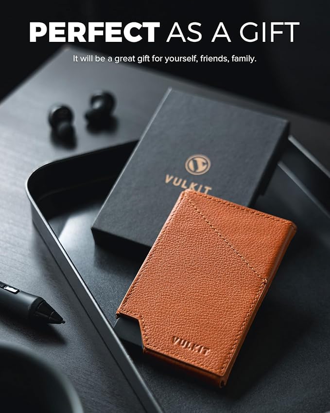 VULKIT Pop up Card Wallet Genuine Leather RFID Blocking Slim Aluminum Metal Bank Card Holder Case with Business Money Pocket for Credit Cards Notes and Coins Brown