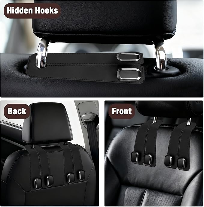AOzT 4PCS Car Headrest Hooks - Double Hook Seat Back Organizer for Purses Handbags & Grocery Bags Heavy Duty Black