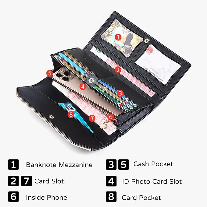 PORRASSO Wallet Women's Leather Purse Card Holder Organizer RFID Blocking Ladies Long Wallet Coin Purse Black