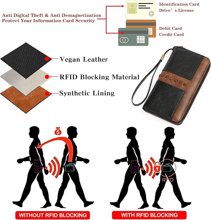 GOIACII Wallet for Women Ladies Wristlet Long Purse Zip Around Clutch RFID Blocking Vegan Leather