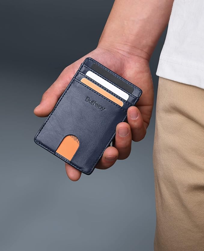 Buffway Mens Slim Wallet, Minimalist Thin Front Pocket Leather Credit Card Holder with RFID Blocking for Work Travel | Minimalist, Thin, Front Pocket, Credit Card Holder, RFID Blocking, for Work Travel