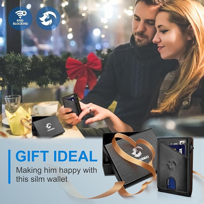 Wallet for Men, Slim Pop Up Card Holder with RFID Blocking, Minimalist Bifold Wallet with 9 Card Slots, ID Window and Cash Pocket, Metal Flip Case with Magnetic Closure, Gift Box