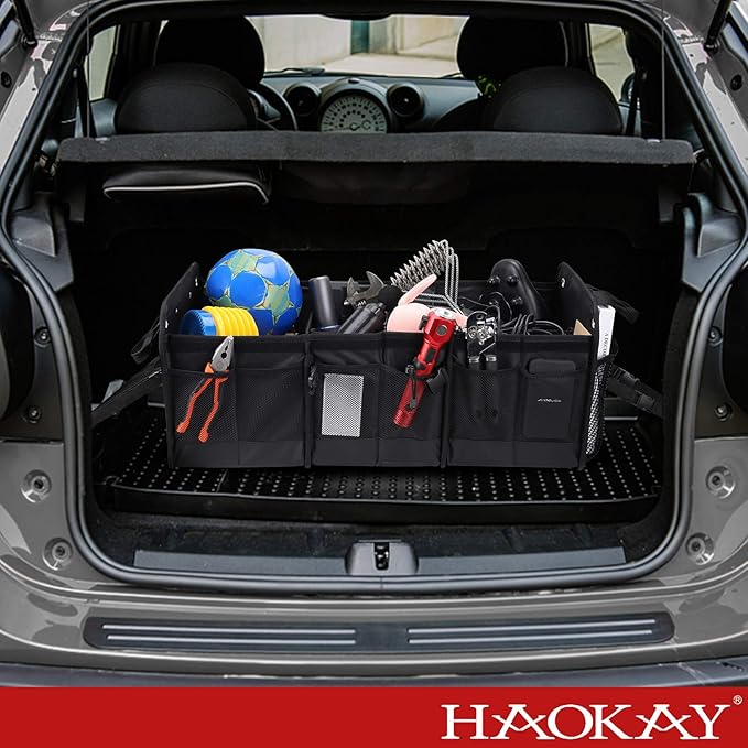 HAOKAY Car Trunk Organizer with Lid,Heavy Duty Extra Large Premium Black Oxford Multi Compartments Collapsible trunk organizer for SUV, Van, Truck, Sedan, Jeep (90L