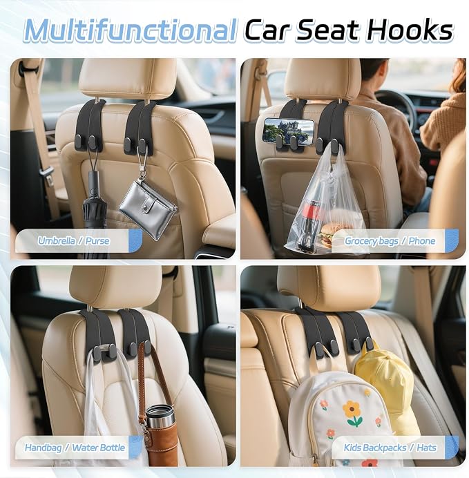 Car Seat Headrest Hooks - 4 Pack Universal Car Purse Hook, Leather Car Bag Purse Holder with Double Metal Hooks for Handbags, Grocery Bags, Bottles, Phones, Black