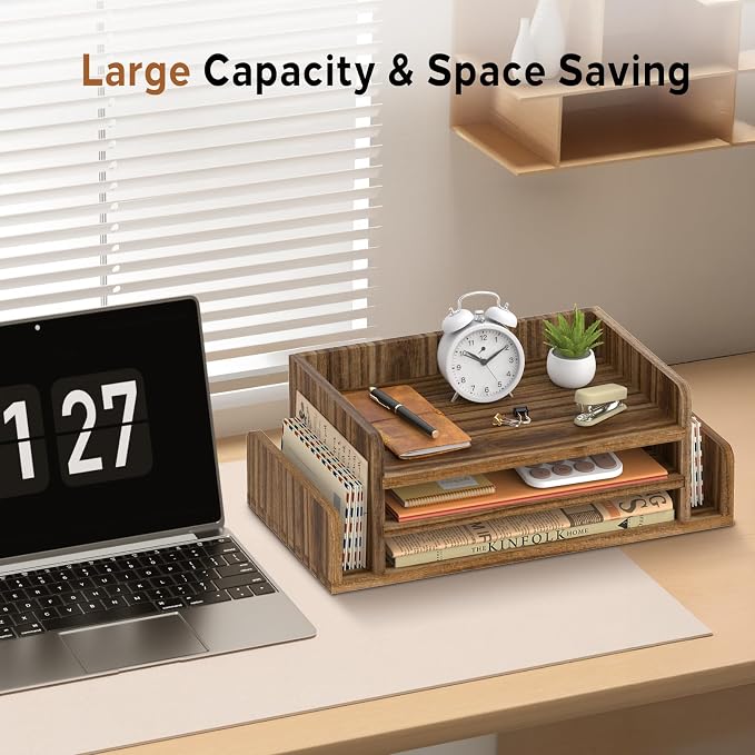 SUPEASY Wooden Desk Organizer, 3-Tier Letter Tray File Organizer with Dual Side Mail Sorter, Solid Wood Desktop Paper Organizer for Office, Home Office, Classroom(Dark Brown)