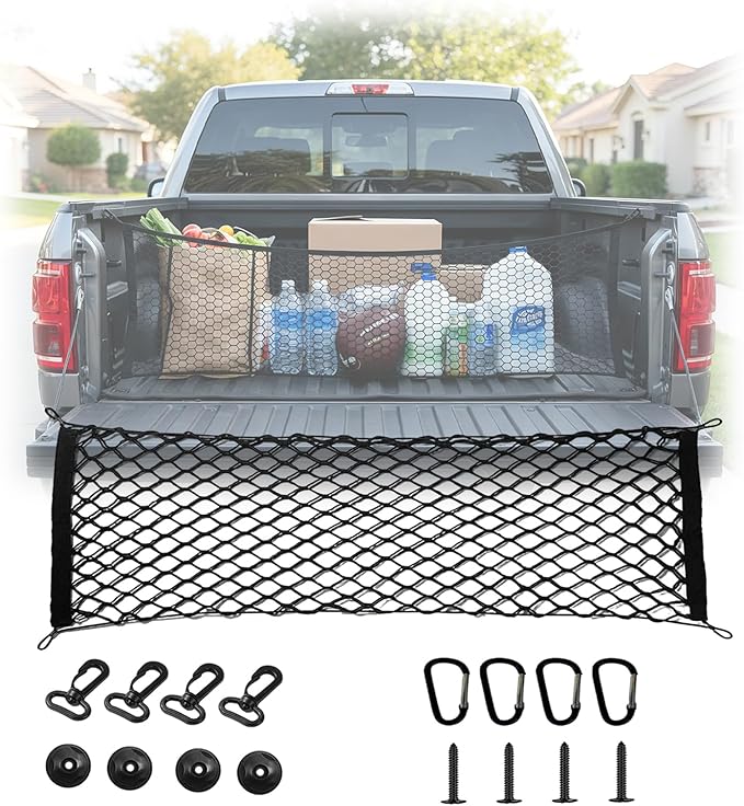 ZMD Truck Bed Cargo Net Elastic Trunk Stretchable Tailgate Nets Automotive Organizer and Storage Truck Storage Neting with Hook for Cars Pickup SUVs Trucks Vant (51x18 Inch)