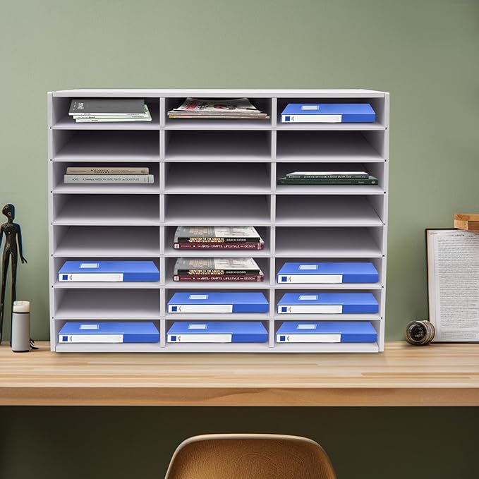 Literature Organizer 24 Slots, Compartments Mail Sorter Organizer, Adjustable Desktop File Organizer with Removable Shelves, Paper Organizer for Home Office School (White, 24 Slots)