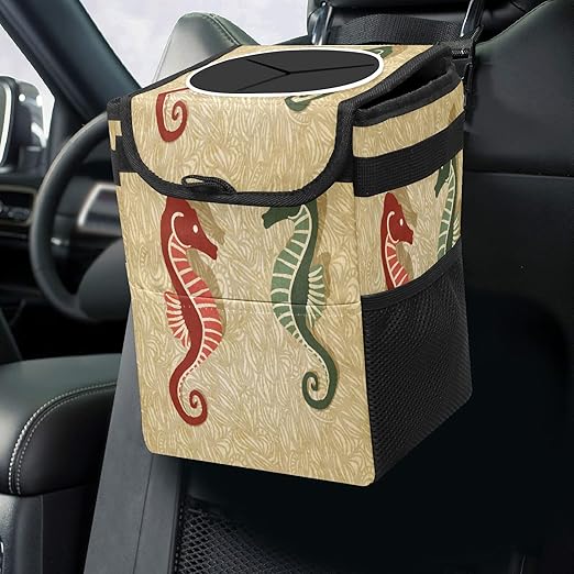 Car Trash Can Retro Seahorse Auto Garbage Bag Car Trash Can with Lid Leak-Proof Car Storage Bag Garbage Bag Hanging for Headrest Collapsible and Portable with Storage Mesh Pocket