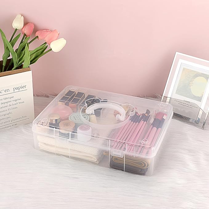 BTSKY 2-Tier Cute Bear Storage Box with Removable Divided Tray Portable Clear Plastic Art Craft Supply Organizer Stackable Home Office Supplies Storage Container for Pens Notes A4 papers etc (Clear)