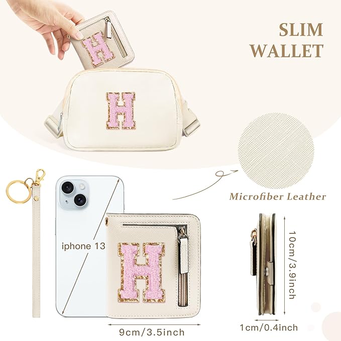 COSHAYSOO Top Popular Preppy Stuff Girly Wallet Slim RFID Bifold Cute Things Girls Christmas Graduation Easter Gifts for Big Little Sister Chenille Letter H Cream