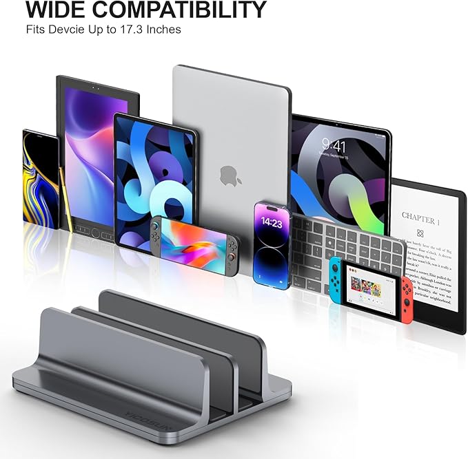 YICOSUN Dual-Slot Aluminum Vertical Laptop Stand for Desk - Adjustable Width Dock for MacBook, Surface, Samsung, HP, Dell up to 17.3 inches - Space-Saving & Protective Design - Gray