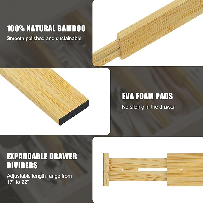 Bamboo Drawer Dividers,17-22" Adjustable Kitchen Drawer Organizer for Clothes,4 Pack Expandable Drawer Organization Separators for Bedroom,Bathroom,Dresser and Office,Natural