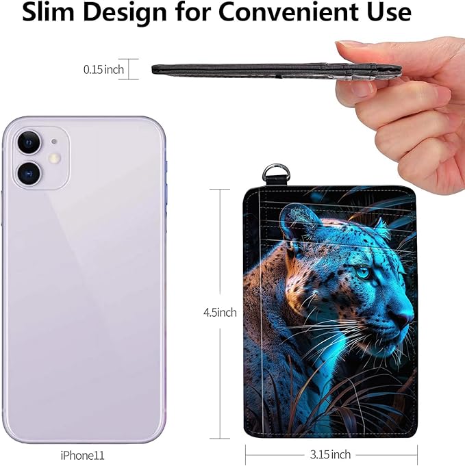 Slim RFID Blocking Card Holder Wallet with Wrist Strap - Minimalist Front Pocket Wallet, Blue leopard Design, PU Leathe, for Men & Women, Ideal for Travel & Gifts