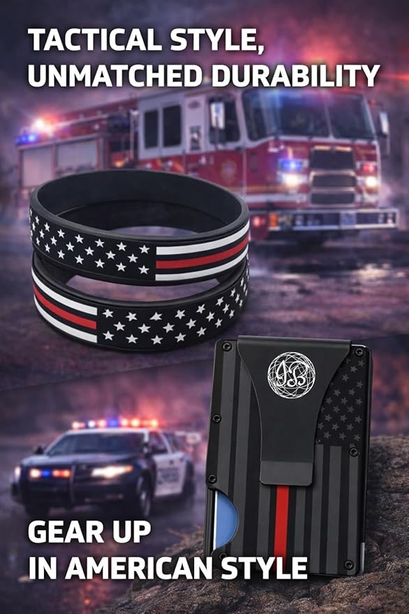 Black & Gray American Flag Engraved, Minimalist Wallet, RFID Blocking Aluminum Slim Wallet (Red Clip with 3 V.Band)