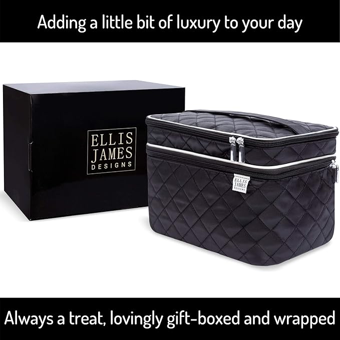 ELLIS JAMES DESIGNS Large Travel Makeup Bag for Women - Black Make Up Bag for Women - Travel Cosmetic Bag - Makeup Case Gifts for Women, Makeup Organizer Bag, Travel Toiletry Bag for Women
