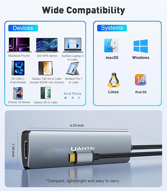 USB C Hub 7 in 1 Multiport Adapter with 4K HDMI Dongle, 100W PD, SD/TF Card Reader, 3 USB-A, USBC Docking Station for MacBook Mac Pro/Air, Dell, HP, ASUS, Acer and Other Type C Laptops