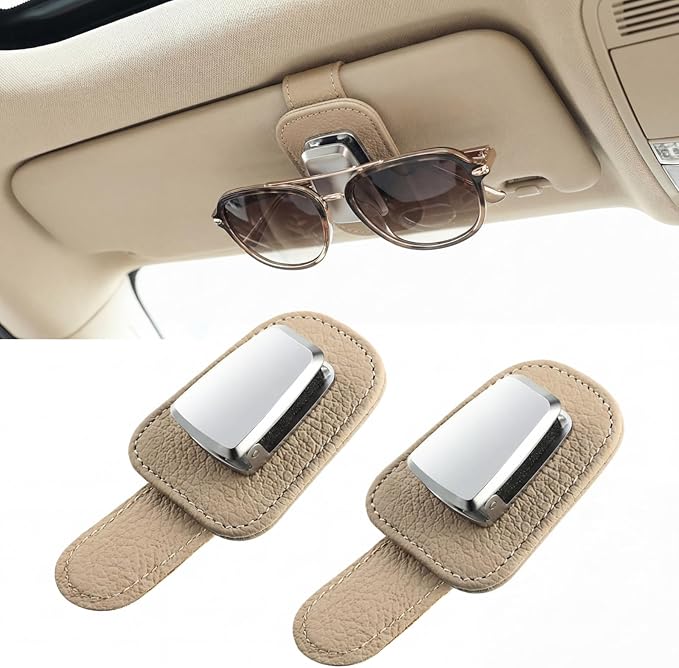 Mudder 2 Packs Sunglasses Holder for Car Universal Visor Sunglasses Holder Clip Leather Eyeglasses Hanger and Ticket Card Clip Eyeglasses Mount for Car(Beige)