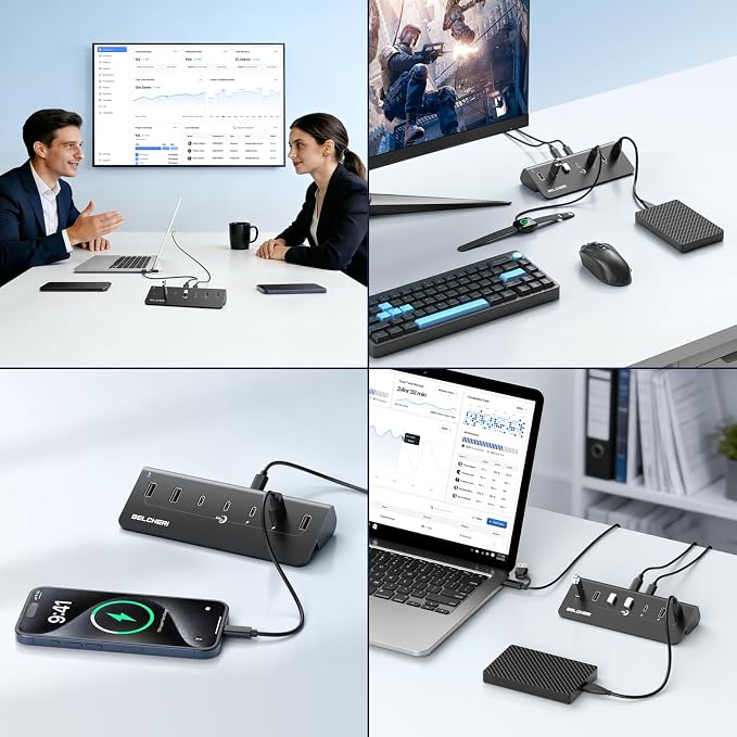 7-Port Powered USB Hub, 10Gbps High-Speed Data USB Splitter (4 USB-A and 3 USB-C Ports), Aluminum Hub with 5V/3A Adapter, for Laptop, MacBook, iPhone 16/15
