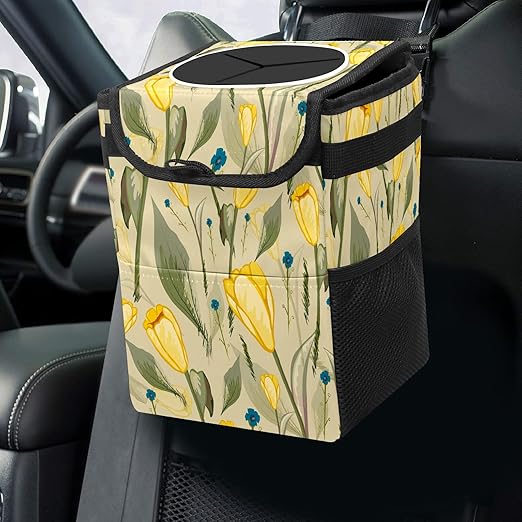 Yellow Tulip Flower Green Leaves Retro Auto Garbage Can with Lid - Leak-Proof Car Storage Bag - Hanging for Headrest - Portable Car Backseat Organizer