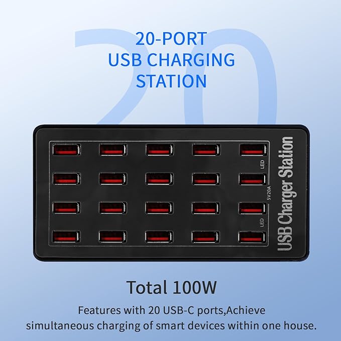 Charging Station, 100W 20-Port USB Multi Device Charger Hub with Intelligent Safety Features, Compact Power Strip for Phones, Watches, Pads, Speakers, Headphones & PS, Ideal for Home Office & Travel
