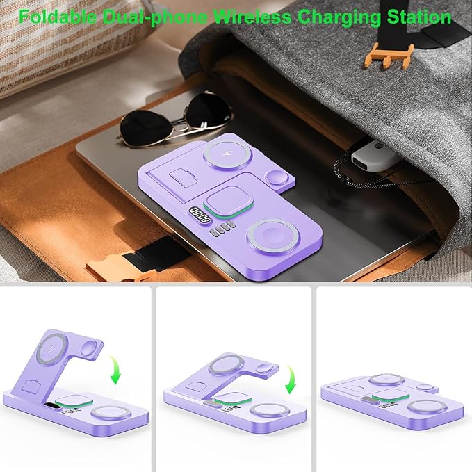 Dual Phone Wireless Charging Station for Apple Devices, Magnetic Charging Station for iPhone with Auto Switch 7-Color Light&Clock,Family Watch Charger for iPhone17 for iWatch11 for AirPods Pro3(Purple
