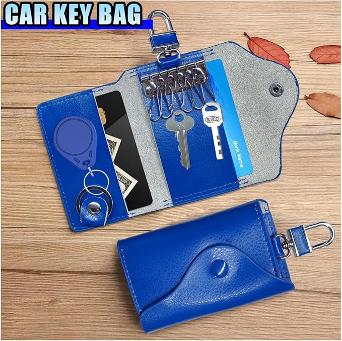 Leather Car Key Case Holder, Remote Key Fob Case with Keychain & Snap Closure – Universal Smart Keys Pouch for Men Women, Coin Holder Protection Bag with Metal Hook (Blue)