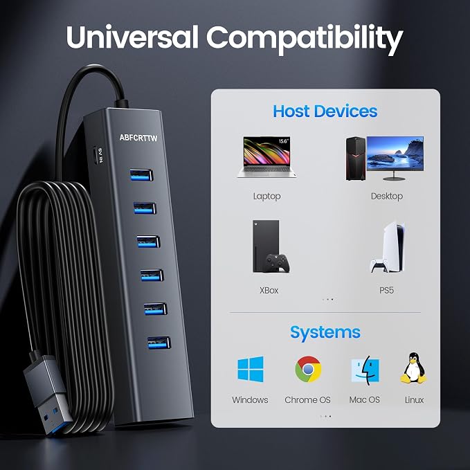 4FT USB to Ethernet Adapter, 7-in-1 USB Hub 3.0 Multiport Adapter with Ethernet 1Gbps & 6 USB 3.0 Port, USB Ethernet Adapter for Desktop, Laptop, MacBook, XPS Windows