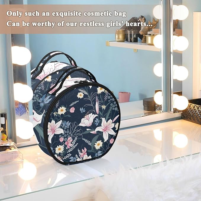 senya Round Cosmetic Pouch Travel Makeup Train Case Vintage Flower Ornament Makeup Organizer Bag with Adjustable Dividers Portable for Cosmetics Makeup Brushes Toiletry Jewelry Accessories