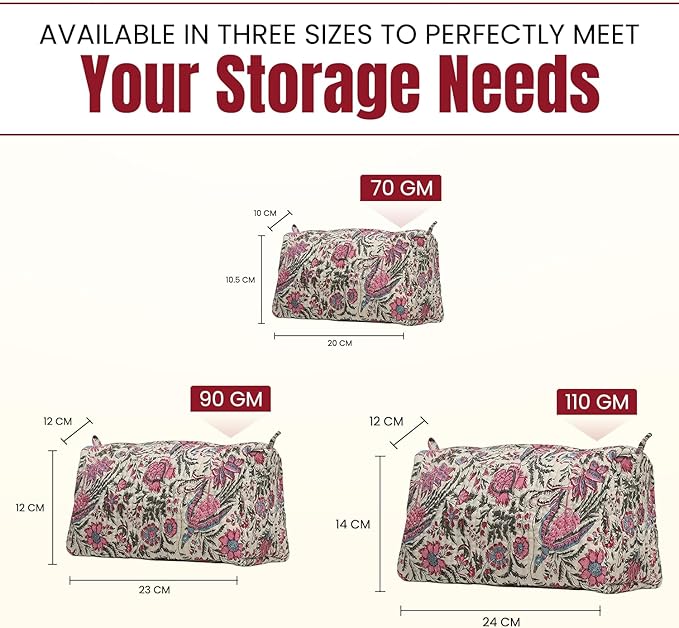 Cotton Hand Block Floral Print Toiletry Bag For Women Make Up Cosmetic Bag Jewelry Organizer Kit Storage Case Travel Accessories Essential Toiletries Purse Pouch (Multi - Set of 3, Small Medium Large)