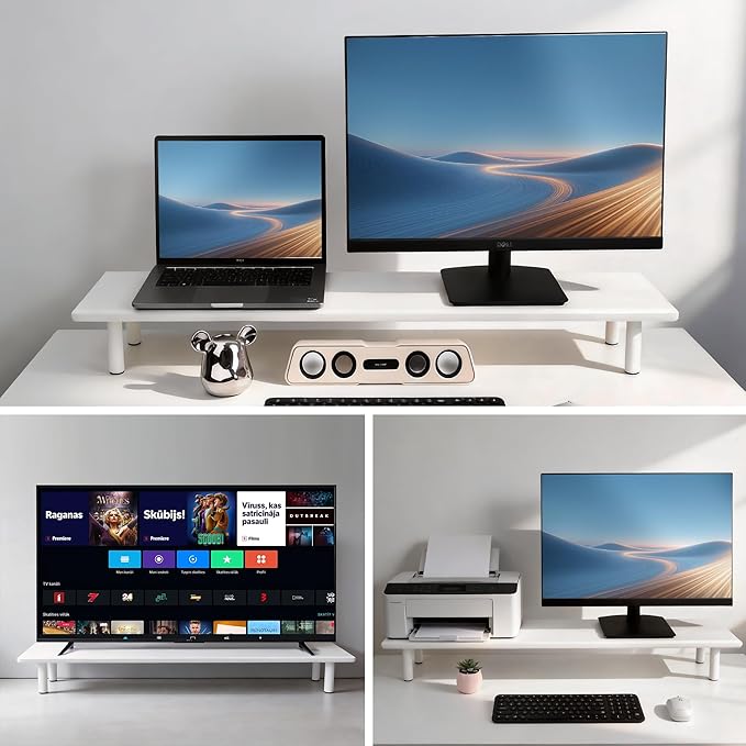 Bamboo Dual Monitor Stand Riser with Underneath Storage, Ergonomic Desk Shelf Supports PC Computer Monitor, Printer, TV for Home, Office, White